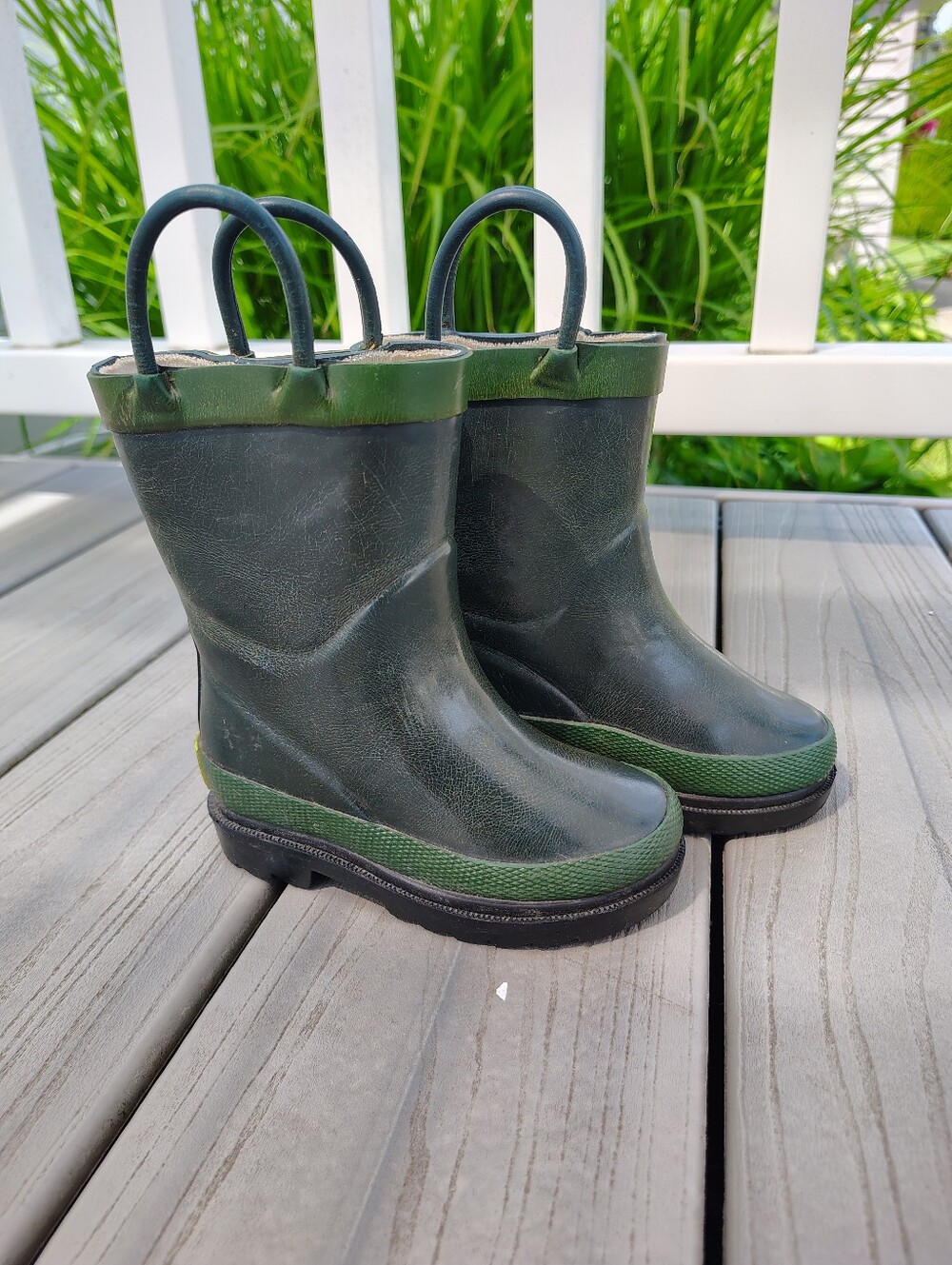 Kids Green Rubber Rain Boots with Pull Handles
